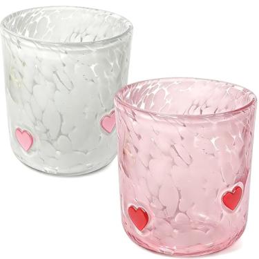 Imagem de YinNorth 2 peças de copo de suco de ícone de dia dos namorados 396.9 g coração beber copos de coquetéis bonitos rosa branco sem haste copos de vinho soprados à mão copos de casal à moda antiga para