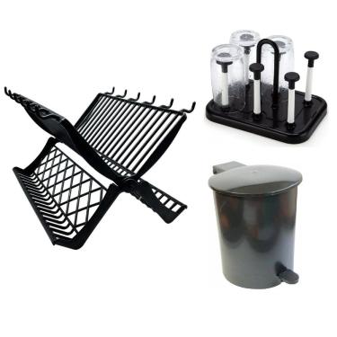 Imagem de Conjunto De Cozinha Escorredor Pratos Copos Lixeira 3 Peças