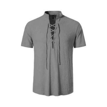 Imagem de Camisa Retro Masculina De Algodão E Linho Leve Com Decote Em V E Manga