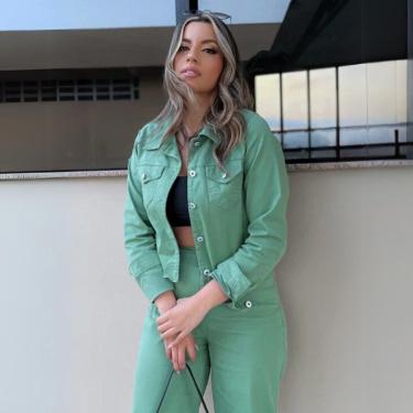 Imagem de Jaqueta Feminina Cropped Sarja Desfiada (Não Desbota) Fecho em Botão Gola Colarinho Bolso Frontal-Feminino