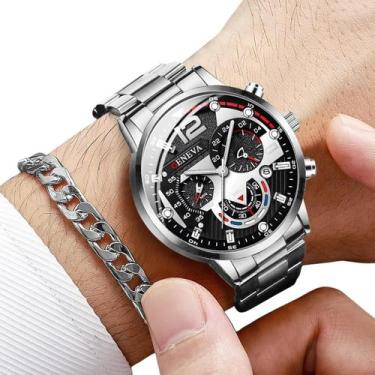Imagem de Relógio Masculino Geneva + Pulseira Metal Kit Luxo, Prateado