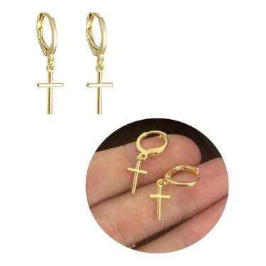 Imagem de Brinco Argolinha Cruz Pequena Delicada Folheado Ouro 18k - Mixfolheado