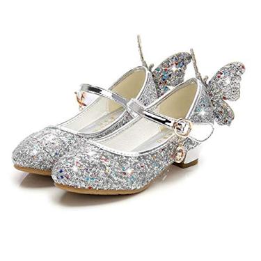 Imagem de TangDao Sapatos de festa de casamento Mary Jane com borboleta brilhante para meninas com glitter, salto baixo, sapatos de princesa (bebê/criança pequena/criança grande), Prata, 11.5 Little Kid