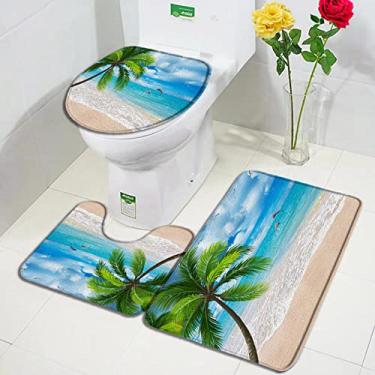 Imagem de Conjuntos de tapetes de banho de praia de folhas de palmeira oceano mar onda paisagem natureza tapetes porta tapetes decoração do banheiro tapete de capa de vaso sanitário antiderrapante, 2130zy, conjunto de 3 peças, 75x45cm, 29.5x17.7in