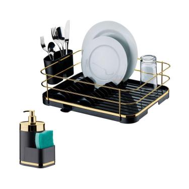 Imagem de Kit Escorredor De Louças Dispenser Porta Detergente Líquido Esponja Preto Dourado - Future