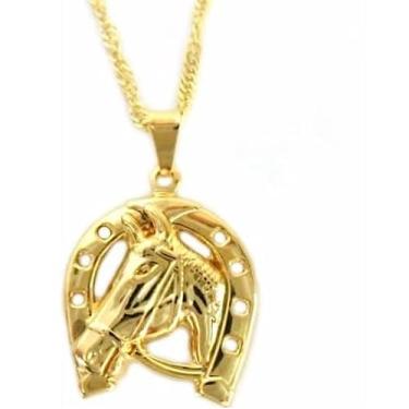 Imagem de Genérico - Corrente Com Pingente Aço Inox Cabeça Cavalo Ferradura - Colar - Dourado - Unissex - Clássico - 50 cm