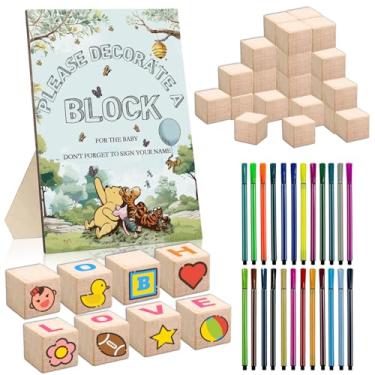 Imagem de Kit clássico de 55 peças de placas de chá de bebê Winnie, incluindo 1 placa de jogo Winnie Decore bloco, 30 blocos de madeira em branco DIY e 24 canetas de pintura, perfeito para jogos de festa de chá