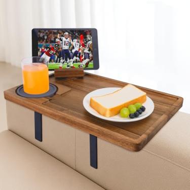 Imagem de Hitseon Mesa de apoio de braço para sofá, bandeja de braço de sofá de madeira de acácia com braçadeira de metal ajustável, bandeja de sofá para TV com suporte giratório de telefone para lanches e