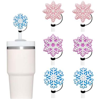 Imagem de Tampões de palha de Natal com cobertura de floco de neve para copo Stanley, 6 peças de tampas de canudo de 10 mm, rosa, azul, capas de canudo de neve, design fofo, decoração de palha de Natal,