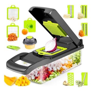 Imagem de BVX House Cortador e Ralador de Legumes Inox 12 em 1, com Lâminas Intercambiáveis, Recipiente com Tampa, Protetor para Mãos,