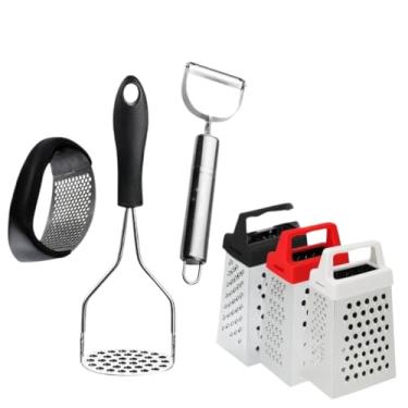 Imagem de Kit Amassador Batata + Amassador Alho + Descascador + Ralador + Peneira Cozinha + Espremedor Limão (4 Pçs Ral Desc Am Alho e Bat.)