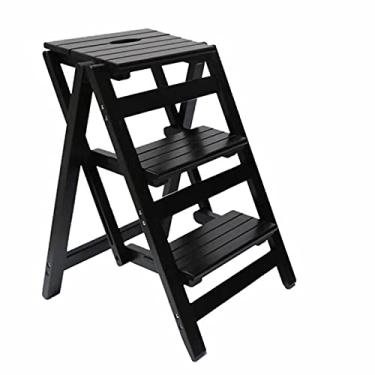 Imagem de Banqueta de degrau, 3 degraus para uso doméstico, multifuncional, escadas, cadeira, dobrável, biblioteca de madeira, suporte de planta/cor de madeira (preto)