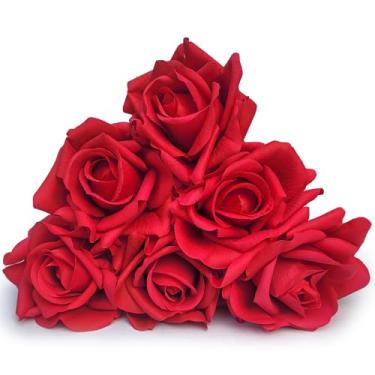 Imagem de SYFASHRAN Flores falsas de toque real de rosas artificiais com hastes - aparência realista para presentes, decoração de casa, casamento, mesa, bolo, decoração de hotel (6, vermelho)