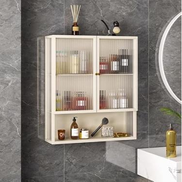 Imagem de Armário de remédios de metal montado na parede com porta de vidro - Armazenamento multiuso de 3 camadas para banheiro, sala de estar, cozinha - Organizador de exibição aberto acima do vaso sanitário