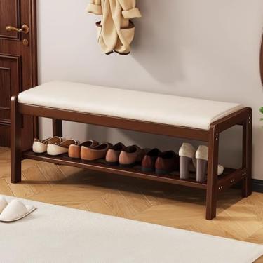 Imagem de Banco de sapateira de entrada com almofada de couro, moldura de madeira maciça, organizador de armazenamento elegante para corredor, mudroom, porta da frente - perfeito para sapatos e acessórios