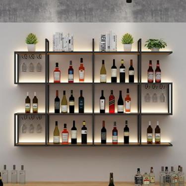 Imagem de Rack de armazenamento de vinho moderno montado na parede com luz LED com suporte de taça de vinho de 3 camadas para exibição de cálice suspenso de armazenamento de grande capacidade para balcão de bar