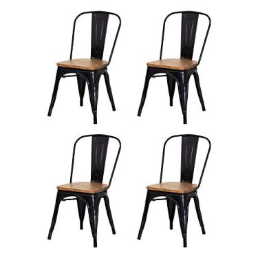 Imagem de Kit 4 Cadeiras Tolix Iron Assento Madeira Preto Brilhante Aço Industrial Sala Cozinha Jantar Bar