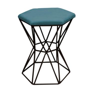 Imagem de Kit 04 Puff Banqueta Louis Industrial Hexágono Ferro Preto Suede Azul Turquesa