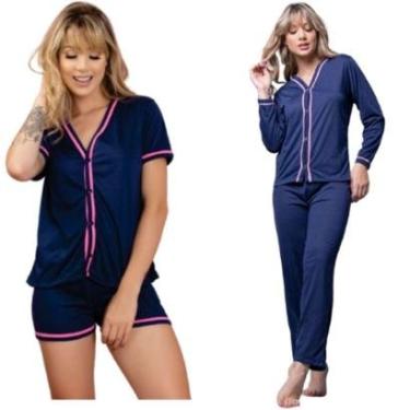 Imagem de KIT 5 Combo Pijamas Americanos Bloqueira Curto e Longo Bella Fiore Inverno Aberto Botão Linha Noite-Feminino