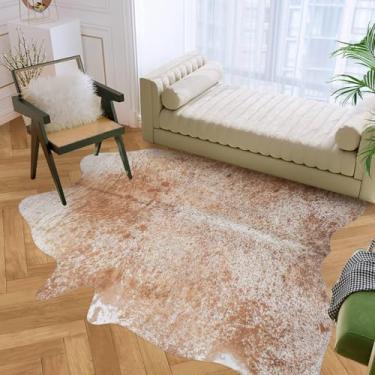 Imagem de Tapete de couro sintético de vaca com estampa de vaca antiderrapante, estampa de animal, decoração ocidental para sala de estar e quarto (couro de vaca castanho, 1,6 x 1,9 m)