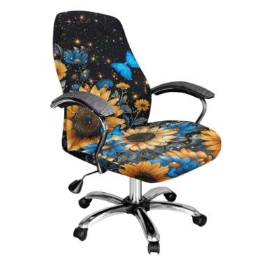 Imagem de Xoenoiee Capas de cadeira de escritório com estampa de girassol azul para computador, universal, extensível, capas de apoio de braço, capas de encosto alto para cadeiras giratórias, grande