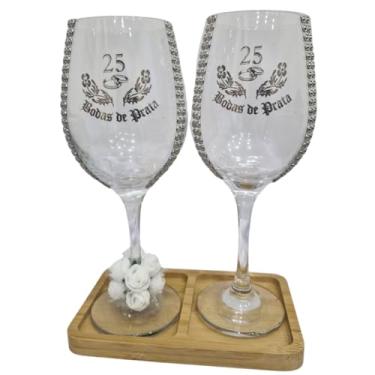 Imagem de Kit 2 Taças Vidro Bandeja Boda Prata 25 Anos Luxo + Presente