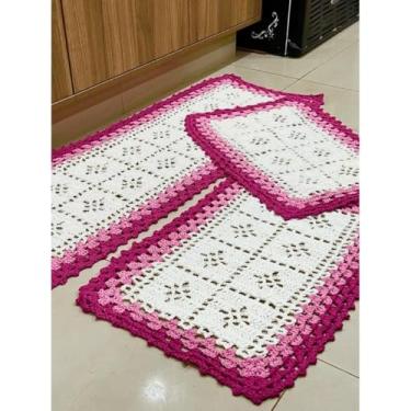 Imagem de passadeira Tapete com padrão tecido Jogo Tapete Passadeira 03 Peças para Cozinha，Estilo natural Antiderrapante e durável(PINK-RAF)