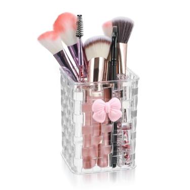 Imagem de Porta-canetas de acrílico para mesa, lindos porta-pincéis de maquiagem transparentes com textura e laço tecidos, organizador de lápis transparente para escritório, casa, escola, cosméticos, presente