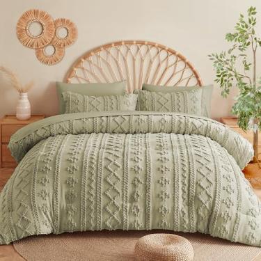 Imagem de MR&HM Jogo de cama de casal boêmio, verde sálvia, 7 peças, cama chique gasto em uma bolsa com 1 edredom, 2 fronhas, 1 lençol de cima, 1 lençol com elástico para todas as estações