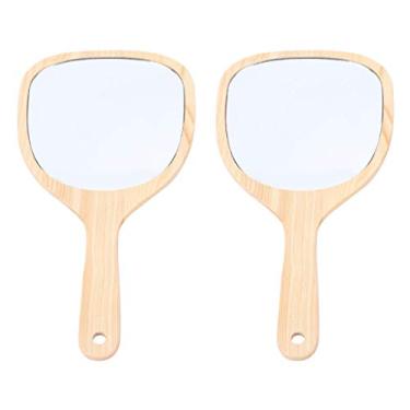 Imagem de 2 Unidades Espelho De Cabo De Madeira Espelho Cosmético Portátil Espelho De Maquilhagem Feminino Espelho De Maquiagem Levou Espelho Redondo Mão Espelho Lateral Senhorita Volta