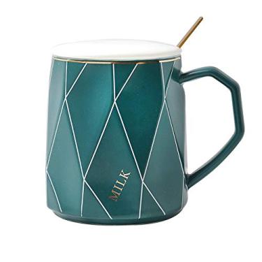 Imagem de seelucky Caneca verde com tampa de colher estilo nórdico poligonal copo de café de cerâmica copo de leite conciso simples presente escritório casa (estilo minimalista verde, 400 ml)