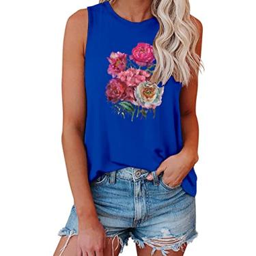Imagem de Camiseta regata feminina vintage floral com estampa de borboleta, sem mangas, gola redonda, casual, solta, Azul, M