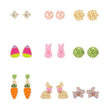 Imagem de Madison Tyler Conjunto de 9 pares de brincos de Páscoa | Brincos com pingente de coelhinho fofo | Brincos de pérola | Brincos de coração de pássaro cenoura de Páscoa | Brincos de coelho para mulheres