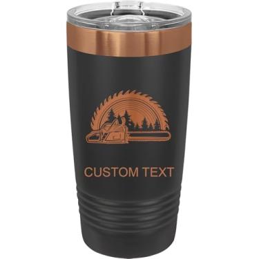 Imagem de Motosserra para cuidados com o gramado, copo de aço inoxidável personalizado gravado a laser 590 ml café de viagem preto/ouro rosa banhado a íon parede dupla carro caminhão anel caneca personalizável,