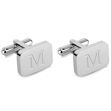Imagem de Abotoaduras masculinas de aço inoxidável gravadas com inicial em ouro branco 18K - Letra personalizada A-Z da Lux & Pair