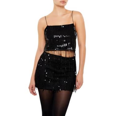 Imagem de Forever 21 Cami cropped feminino com franjas de lantejoulas, Preto, G