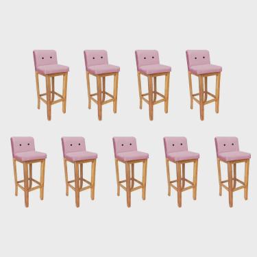 Imagem de Kit 09 Banqueta Alta Com Encosto Aila Balcão Bistrô Base Madeira Maciça Sintético Rosa Bebê Botão Preto - Ahz Móveis