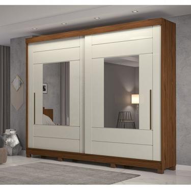 Imagem de Guarda Roupa Casal Mdf 2 Portas De Correr Espelhos 8 Gavetas Internas e 8 Pés Maria Avelã/Off White