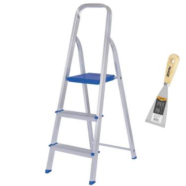 Imagem de Escada Doméstica 3 Degraus em Alumínio Até 120 KG 5101 MOR com Espátula SPARTA