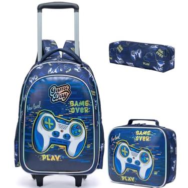 Imagem de ZBAOGTW Mochila com rodinhas para crianças com lancheira, mochila infantil com rodas para escola, Jogo preto, 42.5 x 30 x 20 cm, 20L