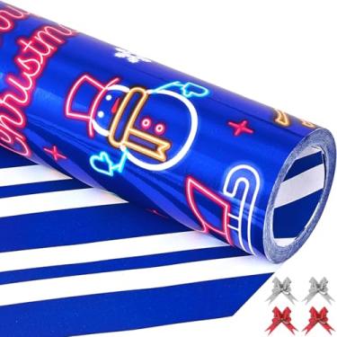 Imagem de EWES Papel de embrulho de Natal azul engraçado conjunto de rolos infantis fofos reversíveis papai noel árvore de Papai Noel folhas grossas de embrulho exclusivo elegante resistente colorido divertido
