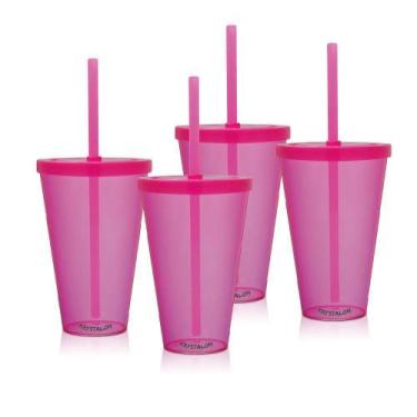 Imagem de Kit 4 Copos Com Tampa E Canudo Rosa Acrílico Ps - Krystalon