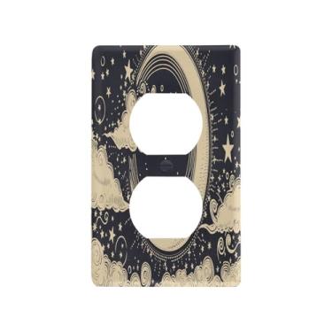 Imagem de Blueangle Placa de parede de tomada dupla lua e nuvens, tamanho padrão, placas de cobertura de tomada elétrica de 1 gangue para decoração de quarto de escritório em casa, 4,53 x 2,76 polegadas (580)