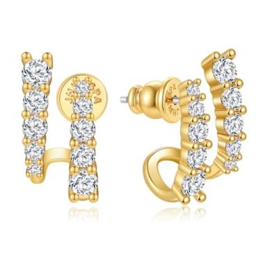 Imagem de Brincos femininos banhados a ouro 14 quilates de prata esterlina 925 | Brincos de pressão da moda, Small, Latão, Zircônia cúbica