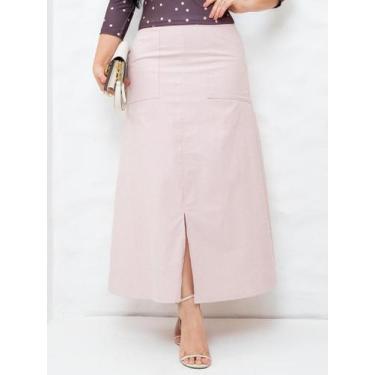 Imagem de Saia Midi Social de Linho Básica Lisa com Bolso Fenda Elegante Soltinh