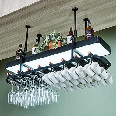 Imagem de Rack de vinho suspenso com luzes, barra de teto de metal ajustável, suporte de vidro, suporte de garrafa de ferro, prateleira de vinho para bar e cozinha