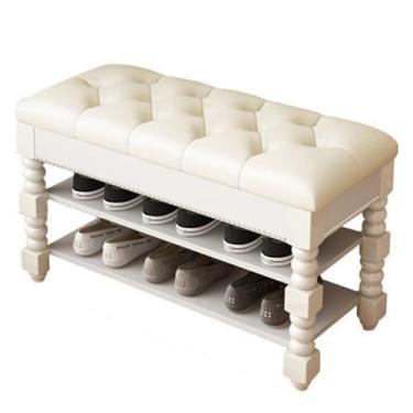 Imagem de Banco de madeira moderno de meados do século com almofada, sapateira elegante e armário de armazenamento para entrada, porta da frente, espaços de estar - 60 x 30 x 45 cm