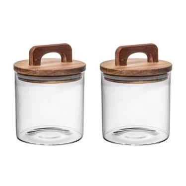 Imagem de Conjunto 02 Potes De Vidro Com Tampa Hermética De Acácia 700ml Wolff