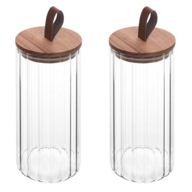 Imagem de Conjunto 02 Potes De Vidro Canelado Com Tampa Hermética De Acácia 1,2l Wolff