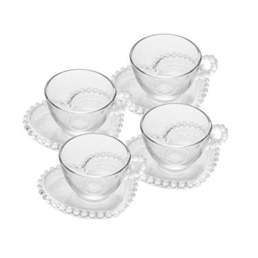 Imagem de Conjunto 04 Xícaras De Chá De Cristal 180ml Com Pires Coração Pearl Wolff